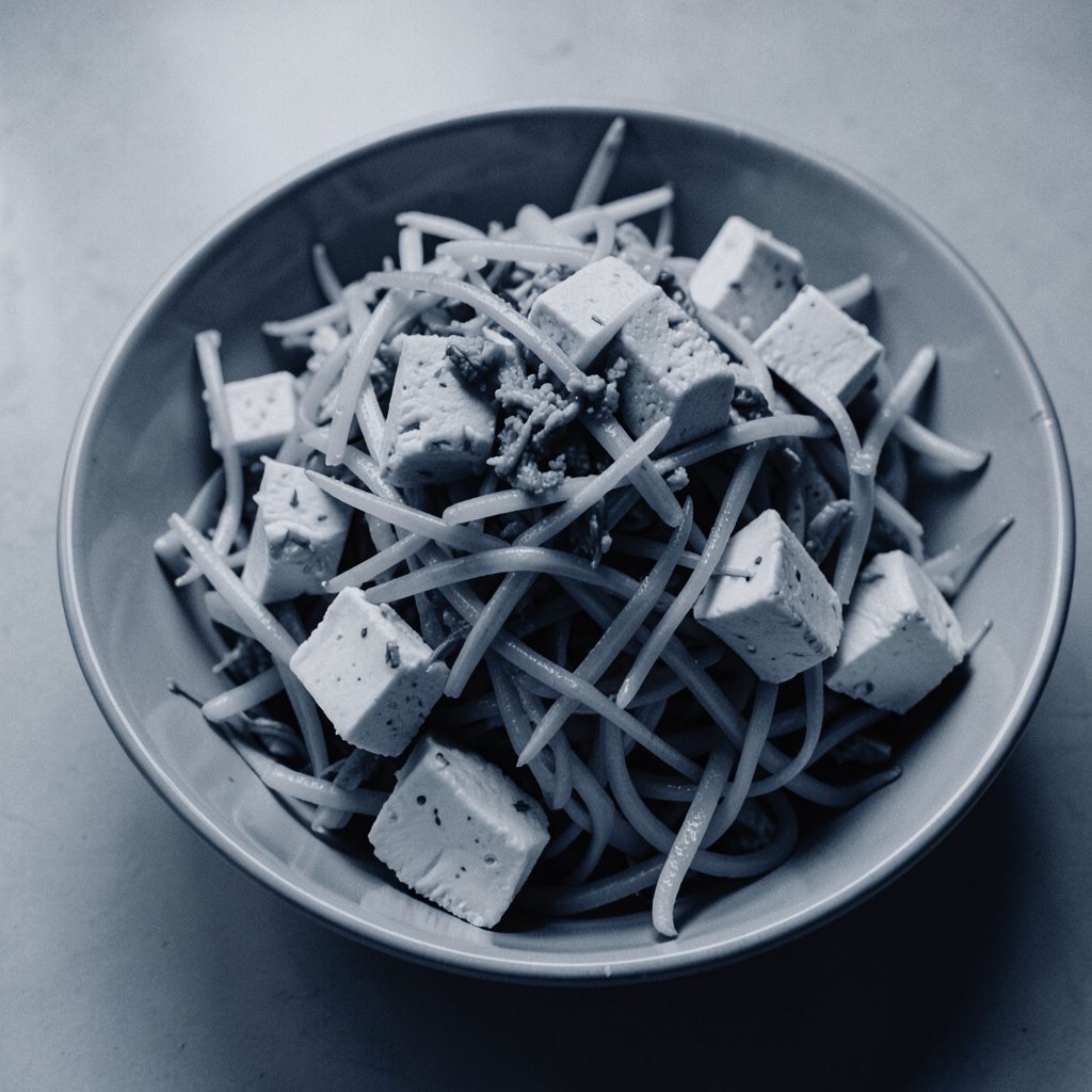 Sałatka z roszponką i tofu na talerzu, w zielono-kremowej dwutonowej stylistyce, minimalistyczna kompozycja