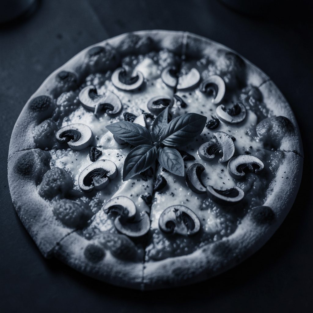 Bezglutenowa pizza z pieczarkami i bazylią na drewnianej desce, w ciepłych brązowo-zielonych barwach